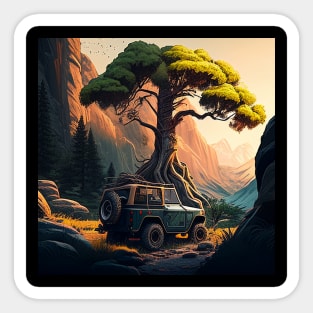 Jeep with Big Tree and Mountain Background Sticker